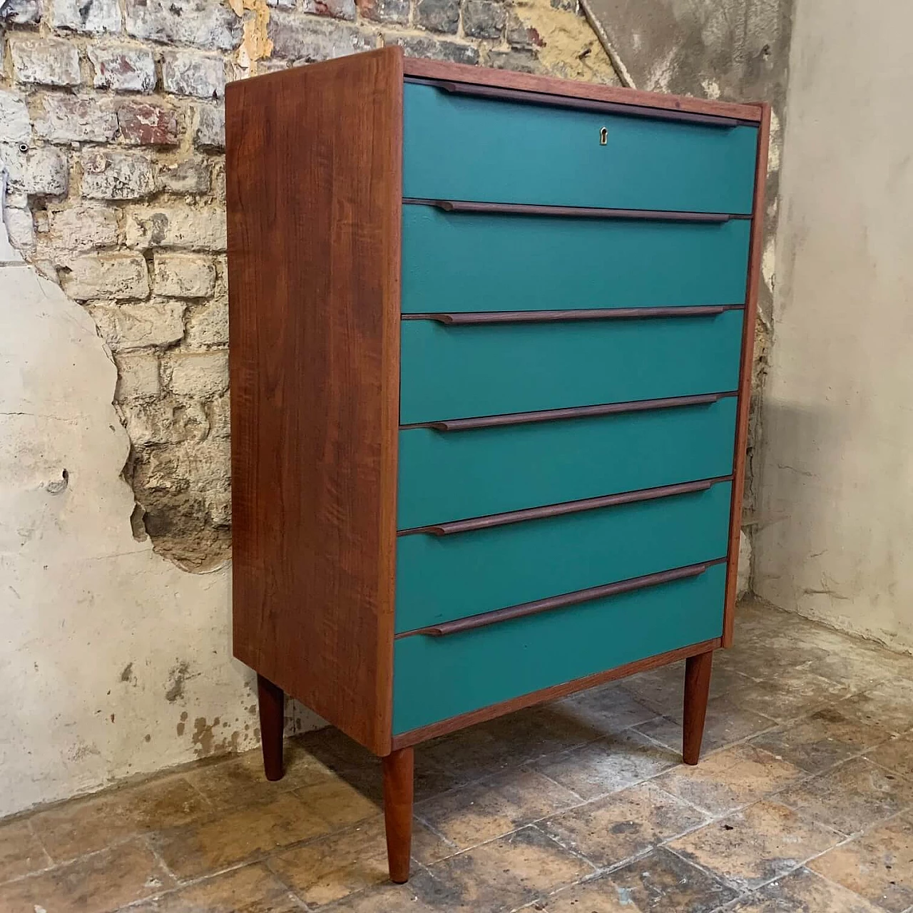 Danish Talboy chest of drawers in teak and green wood, 1960s 5