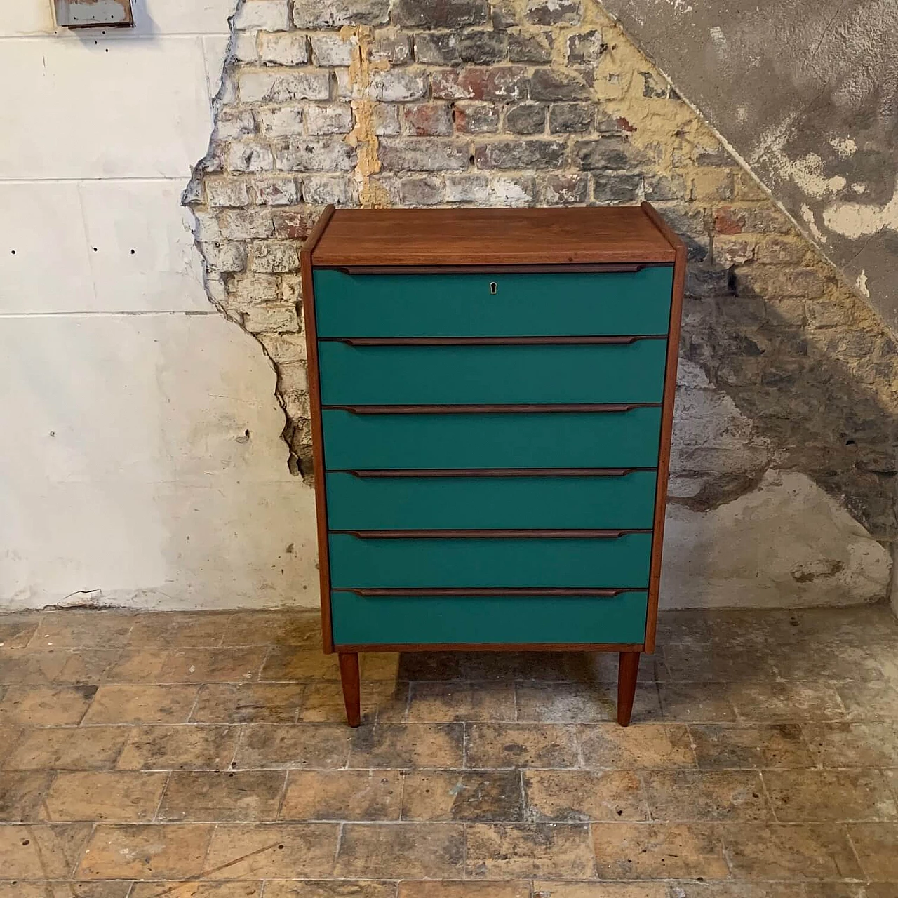 Danish Talboy chest of drawers in teak and green wood, 1960s 6