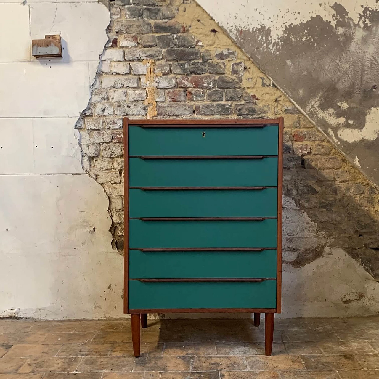 Danish Talboy chest of drawers in teak and green wood, 1960s 7