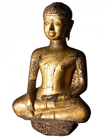 Buddha Shakyamuni birmano, scultura in legno dorato, '800
