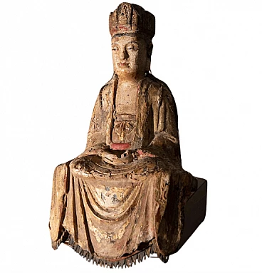 Bodhisattva Guanyin cinese, scultura in legno policromo, '500