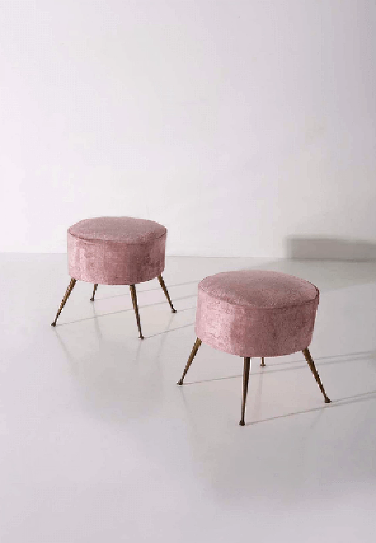 Pair of brass and pink velvet poufs, 1950s 1