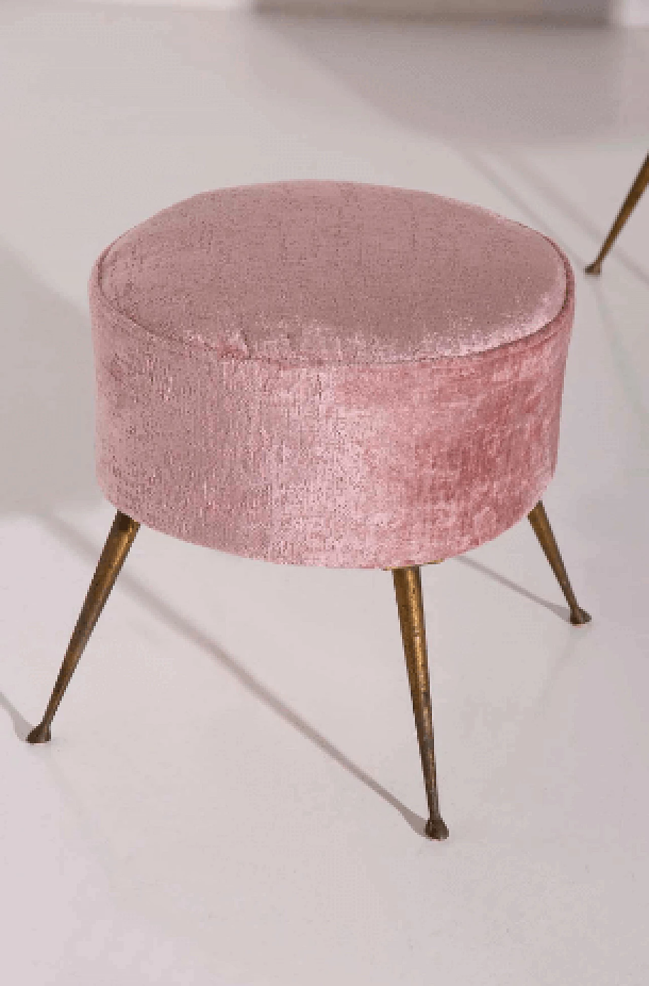 Pair of brass and pink velvet poufs, 1950s 2