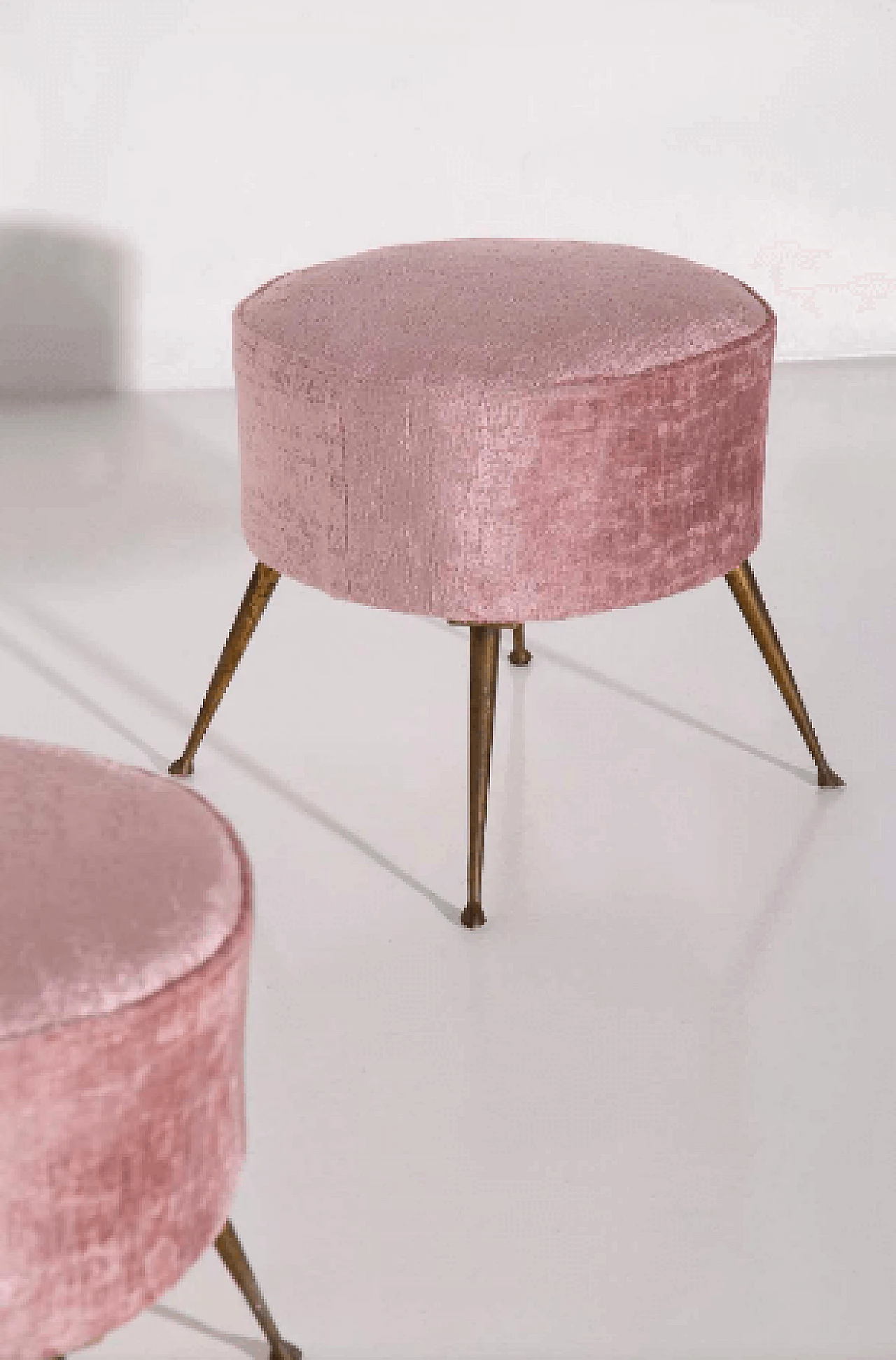 Pair of brass and pink velvet poufs, 1950s 3