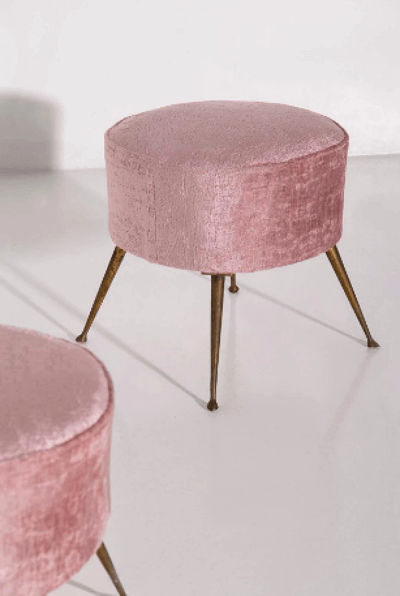 Pair of brass and pink velvet poufs, 1950s 4