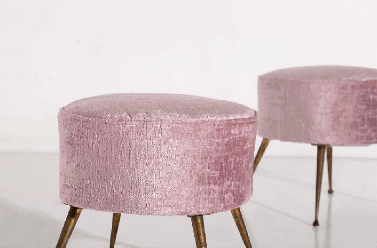 Pair of brass and pink velvet poufs, 1950s 5