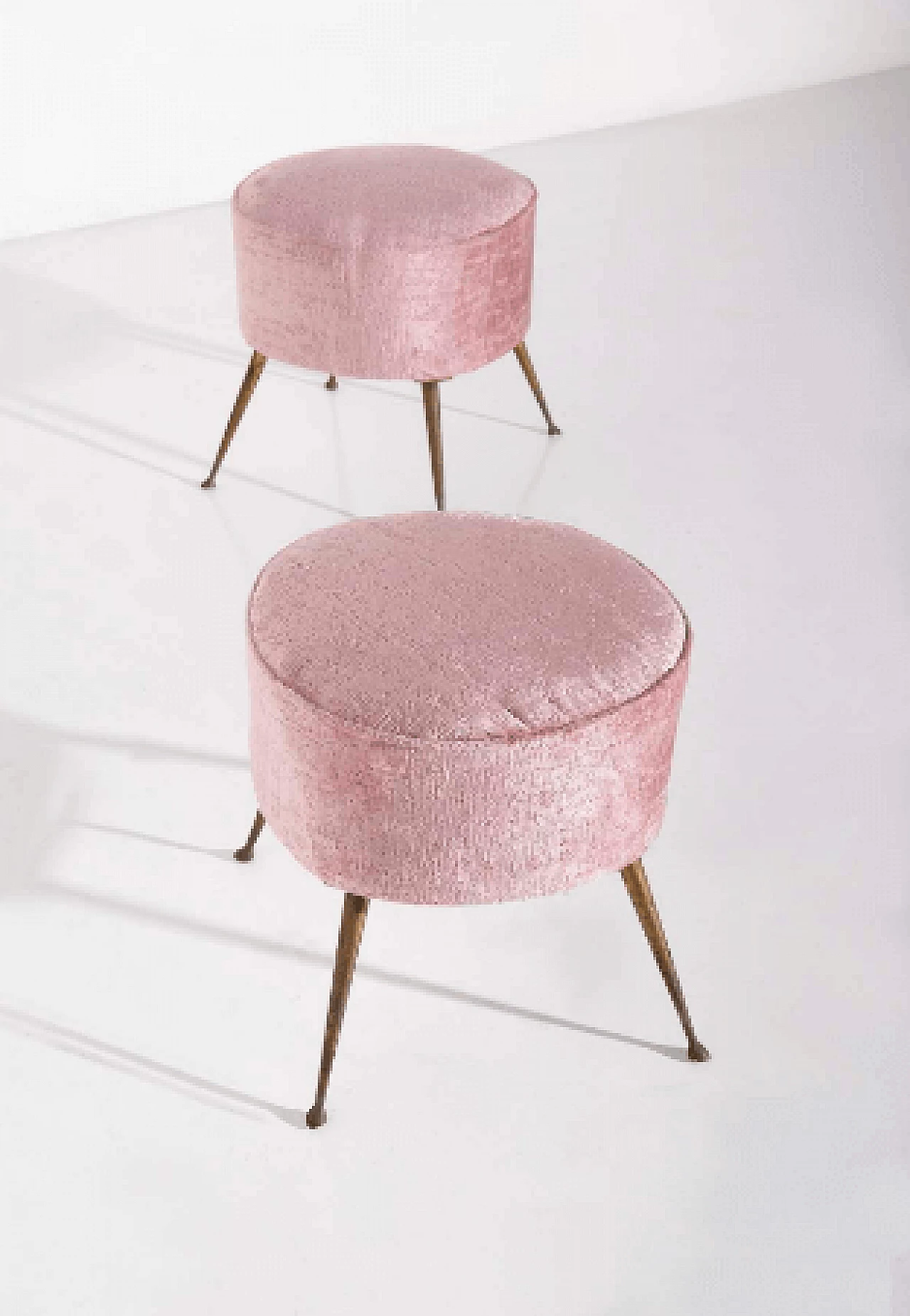 Pair of brass and pink velvet poufs, 1950s 6