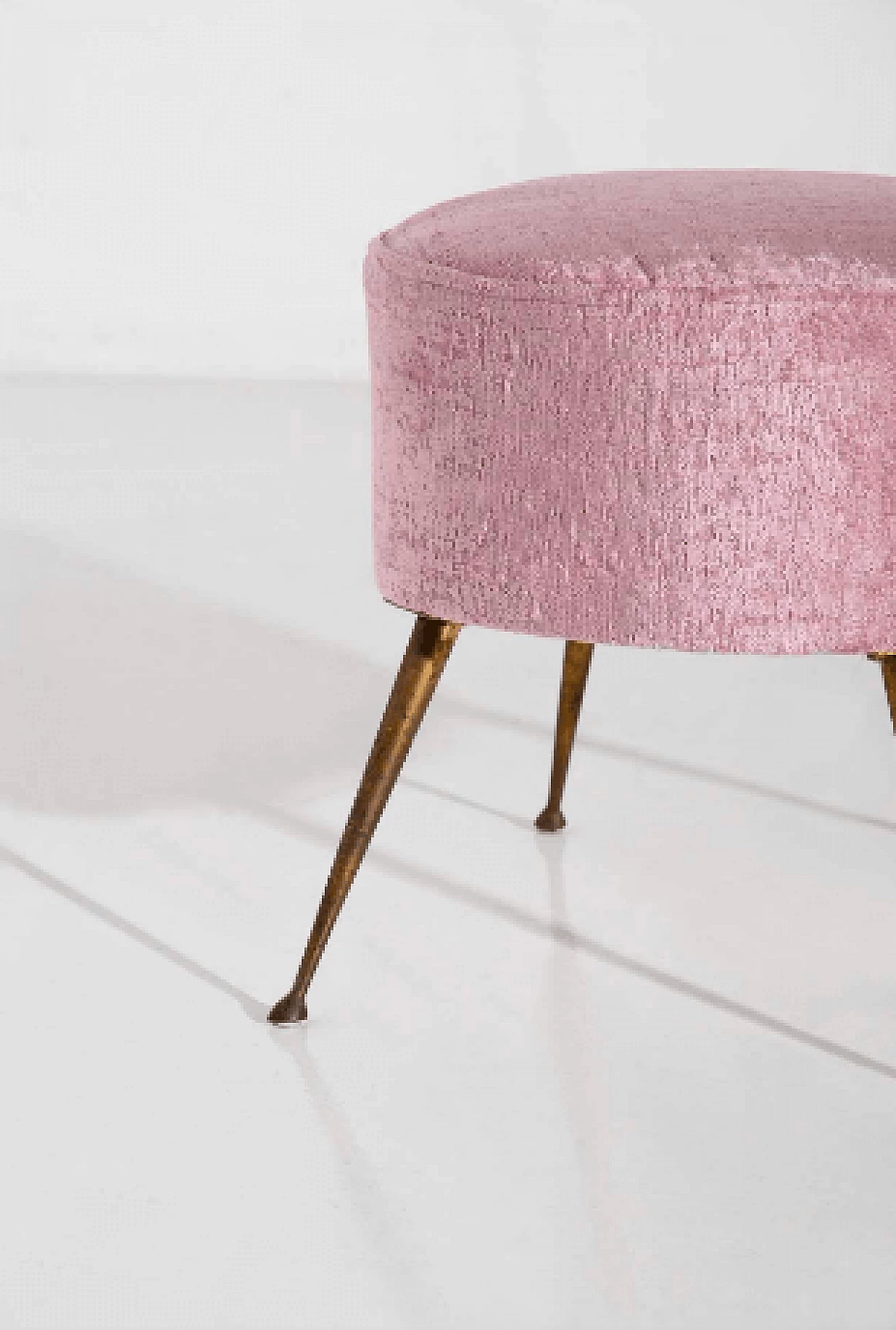 Pair of brass and pink velvet poufs, 1950s 7