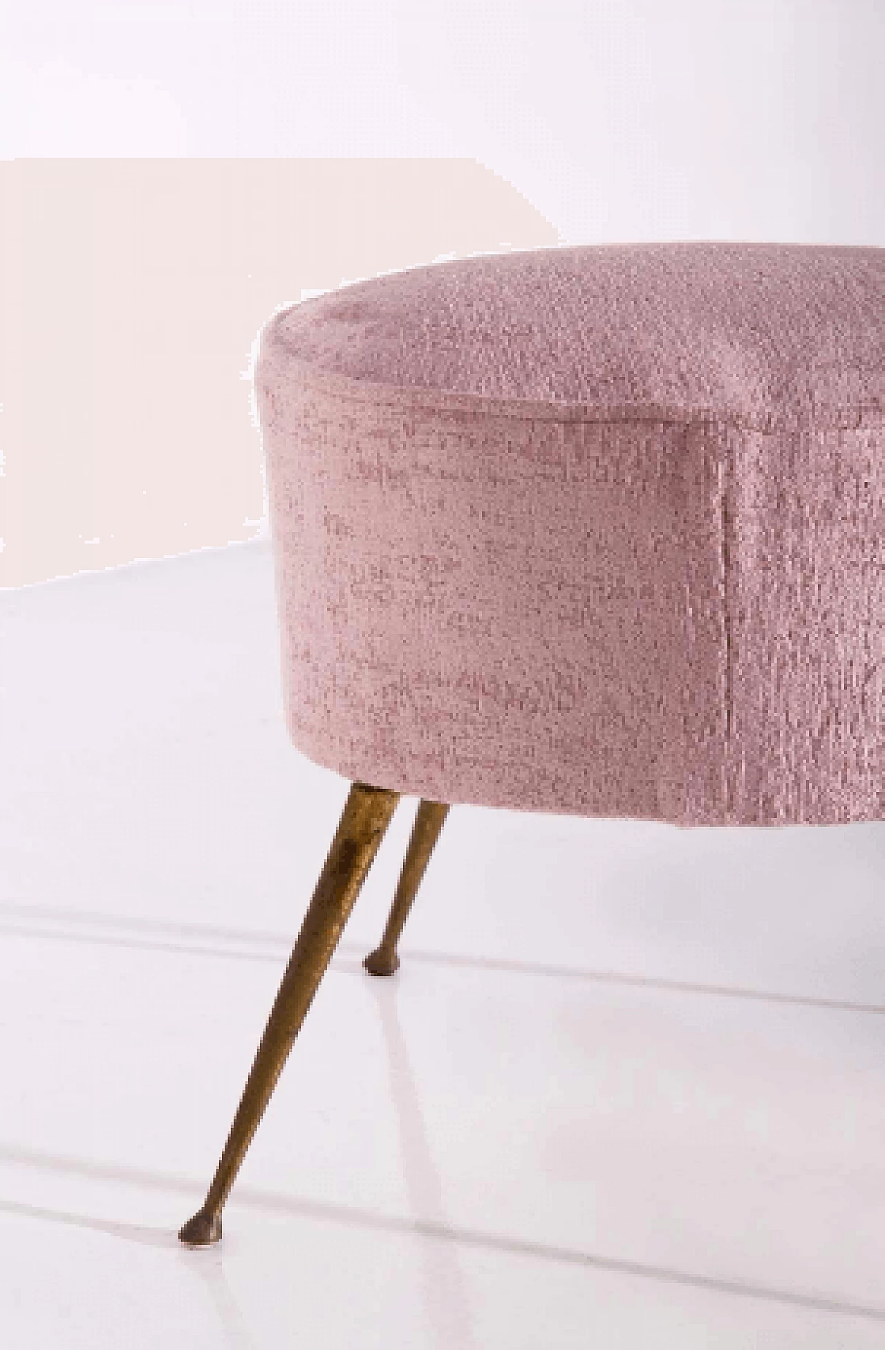 Pair of brass and pink velvet poufs, 1950s 8