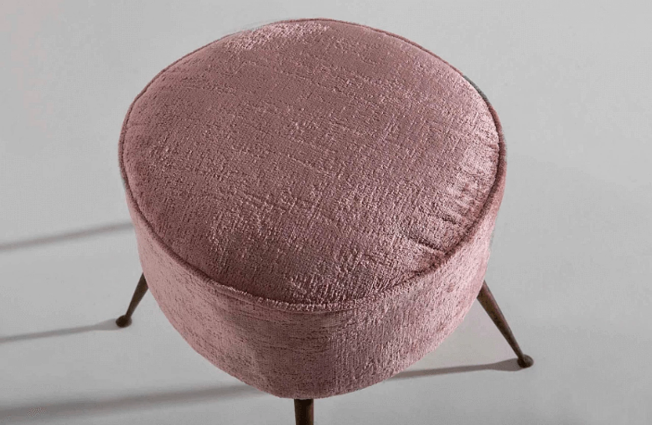 Pair of brass and pink velvet poufs, 1950s 9