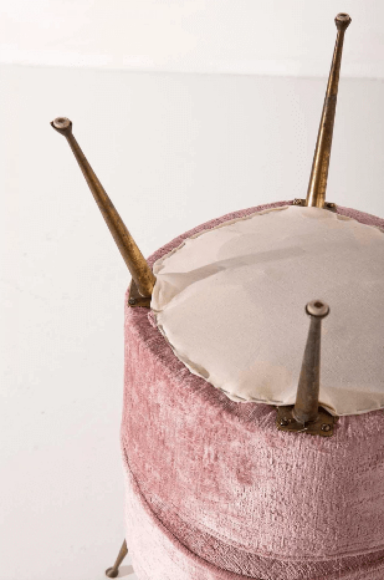 Pair of brass and pink velvet poufs, 1950s 10