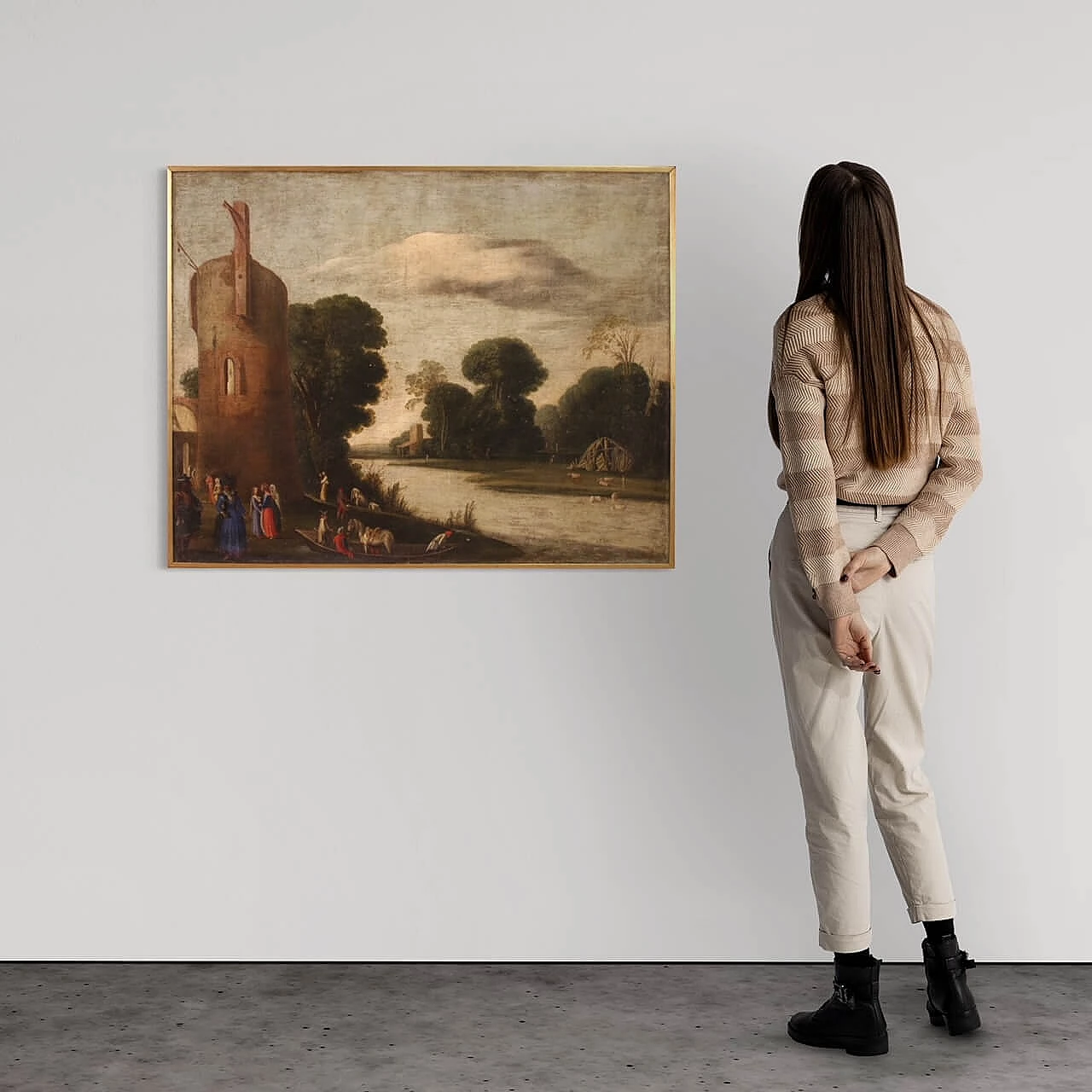 Landscape with figures and tower, oil painting on canvas, first half of the 18th century 14