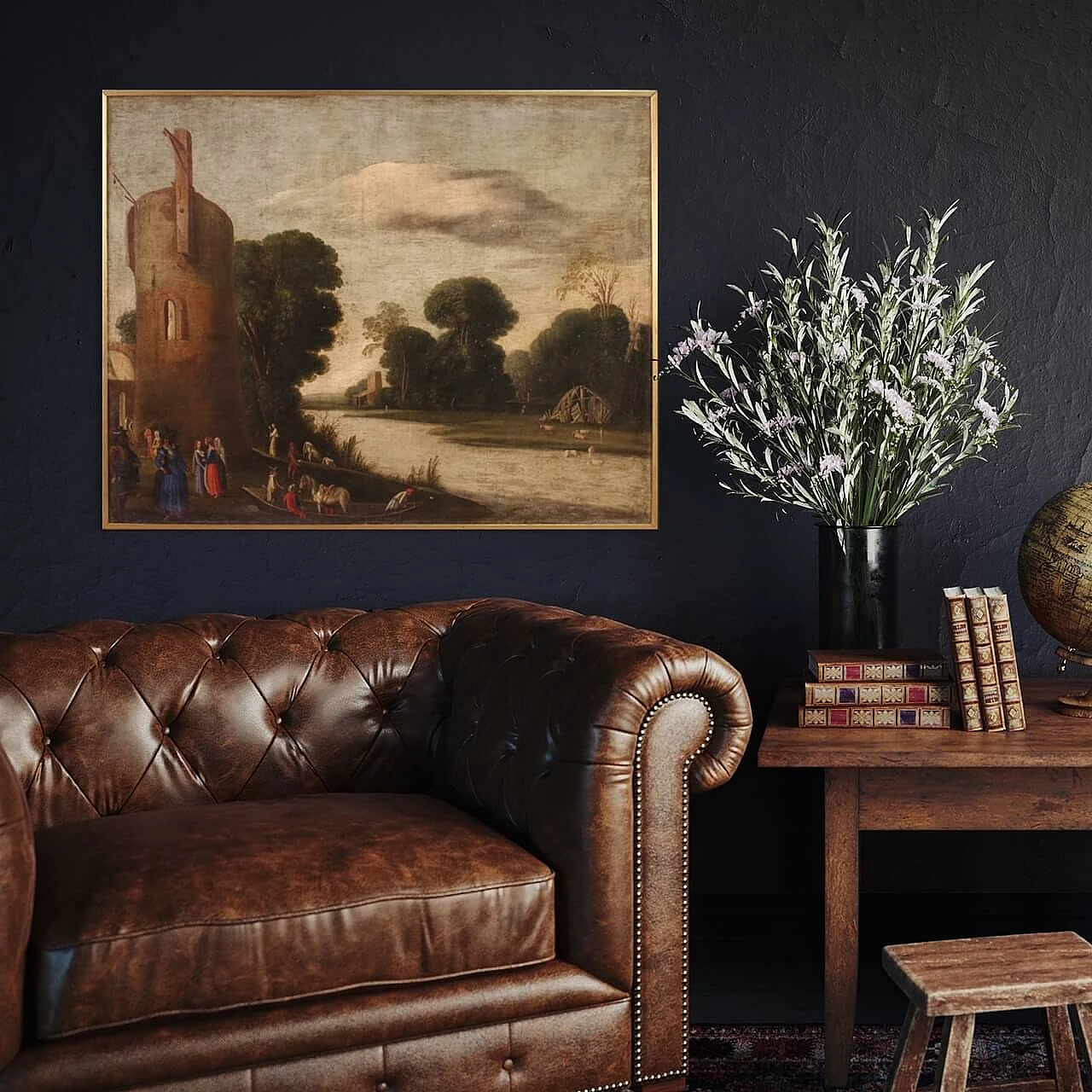 Landscape with figures and tower, oil painting on canvas, first half of the 18th century 16