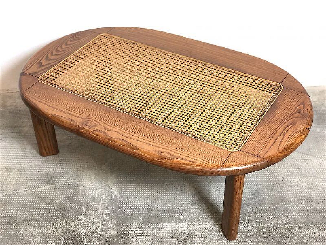 National walnut and Vienna straw coffee table, 1960s 3