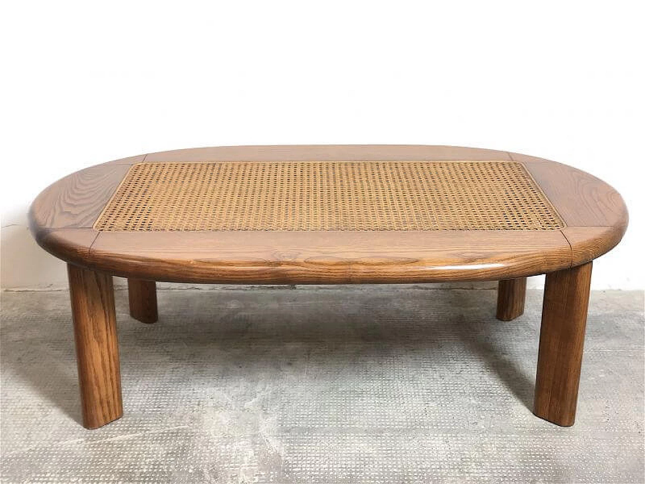 National walnut and Vienna straw coffee table, 1960s 7