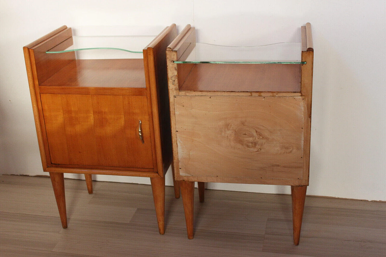 Pair of cherry wood bedside tables with glass shelf, 1950s 2