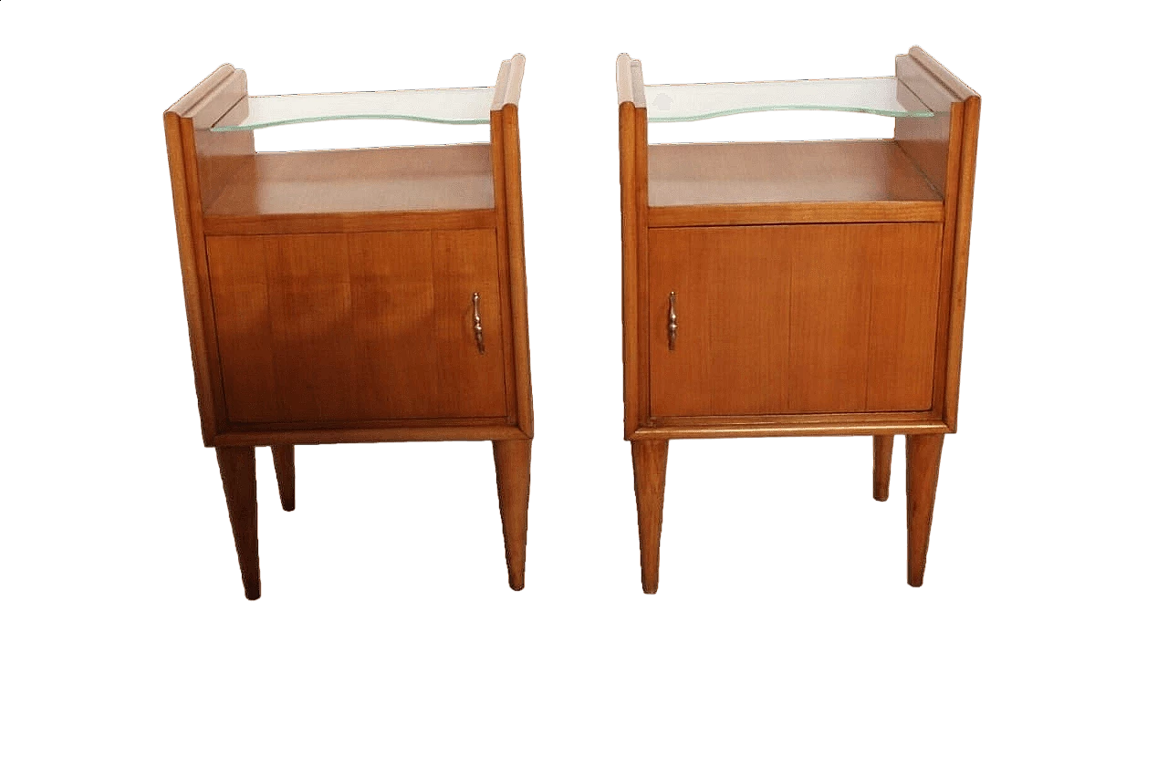 Pair of cherry wood bedside tables with glass shelf, 1950s 9