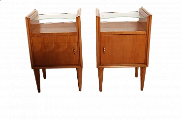 Pair of cherry wood bedside tables with glass shelf, 1950s