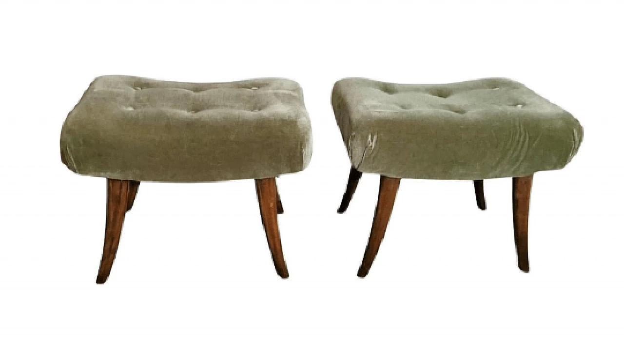 Pair of Biedermeier style beech and velvet benches by Thonet, 1950s 1