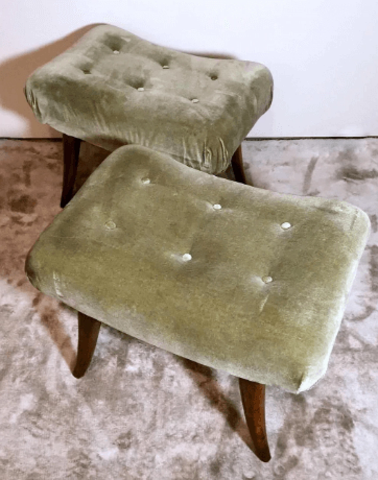 Pair of Biedermeier style beech and velvet benches by Thonet, 1950s 2