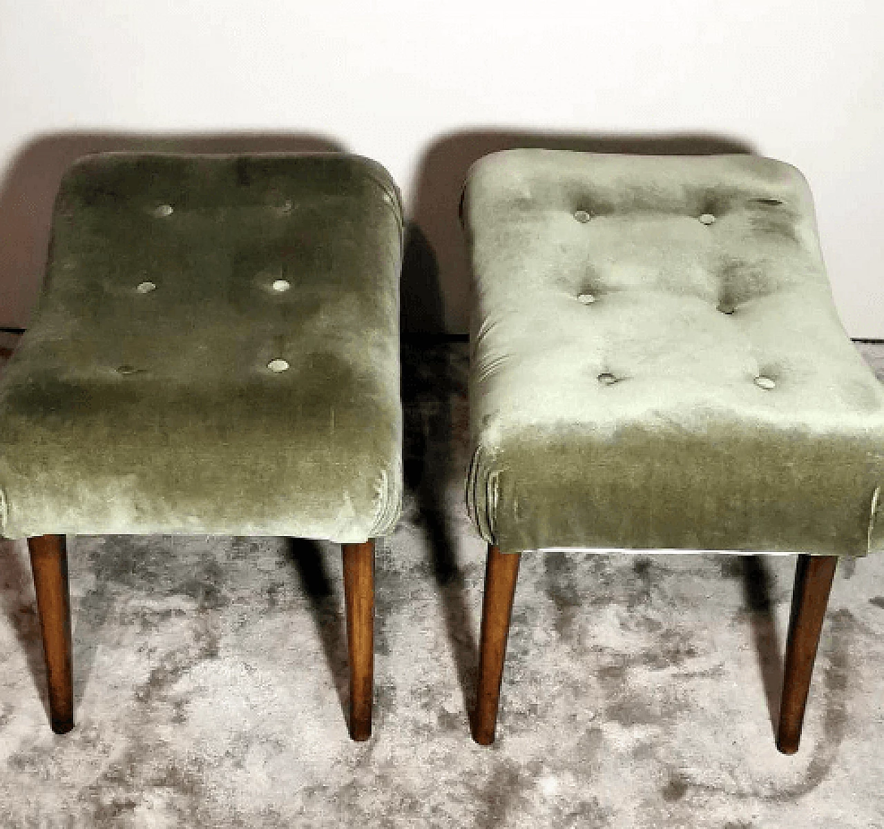 Pair of Biedermeier style beech and velvet benches by Thonet, 1950s 4