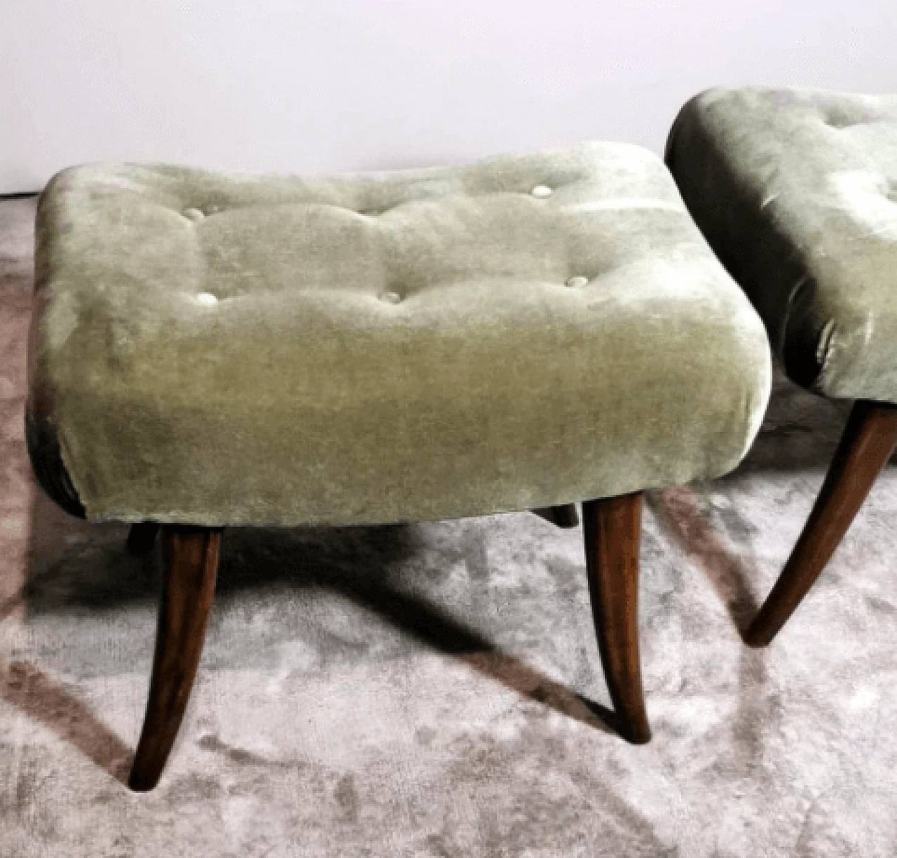Pair of Biedermeier style beech and velvet benches by Thonet, 1950s 7