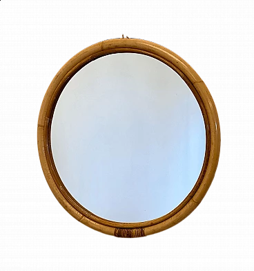 Wicker and bamboo round mirror, 1970s