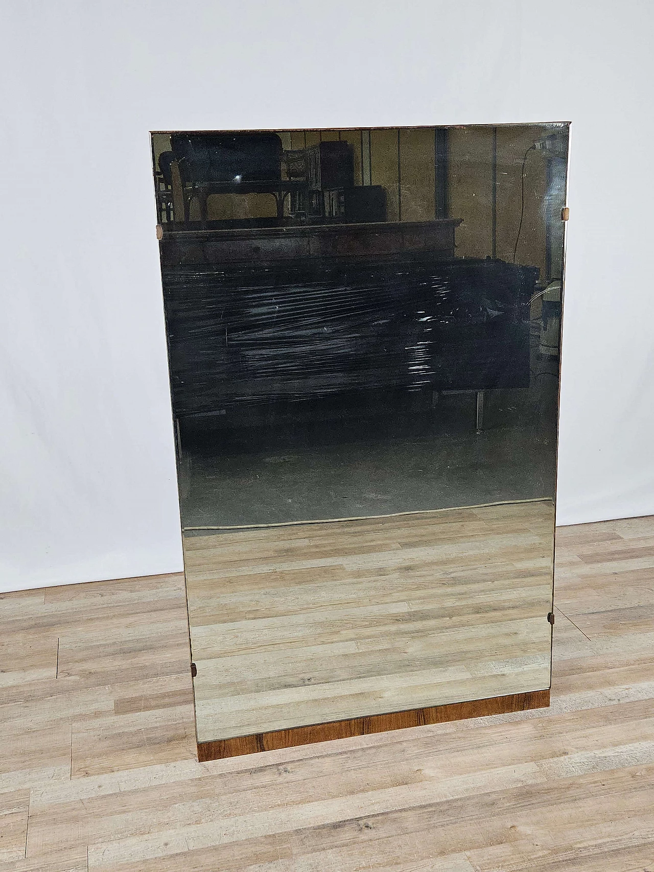 Art Deco mirror with briarwood base and beveled glass, 1930s 1