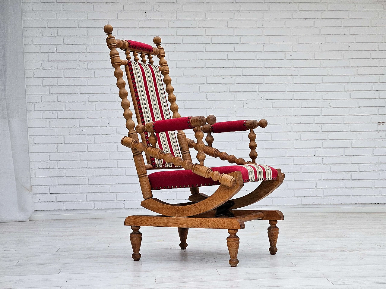 Danish oak and wool rocking chair with high-backed, 1970s 1