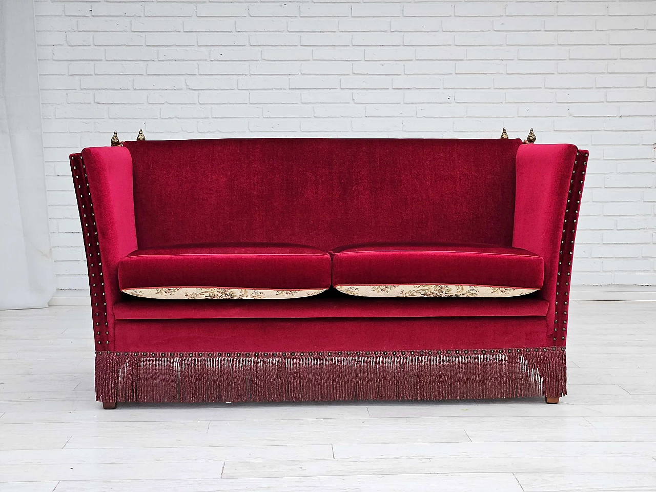 Danish two-seater sofa in cherry red velvet, 1960s 1