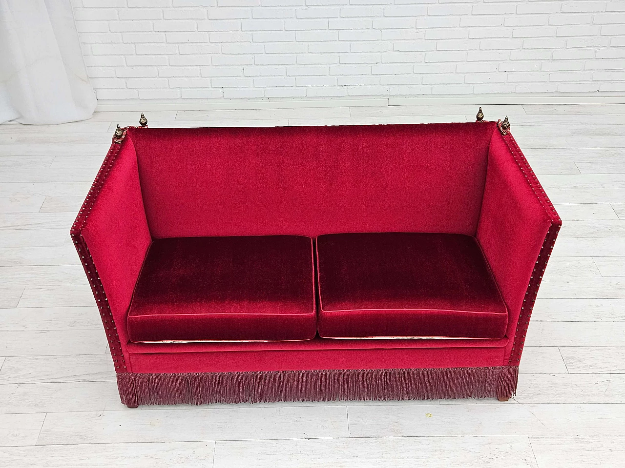 Danish two-seater sofa in cherry red velvet, 1960s 3