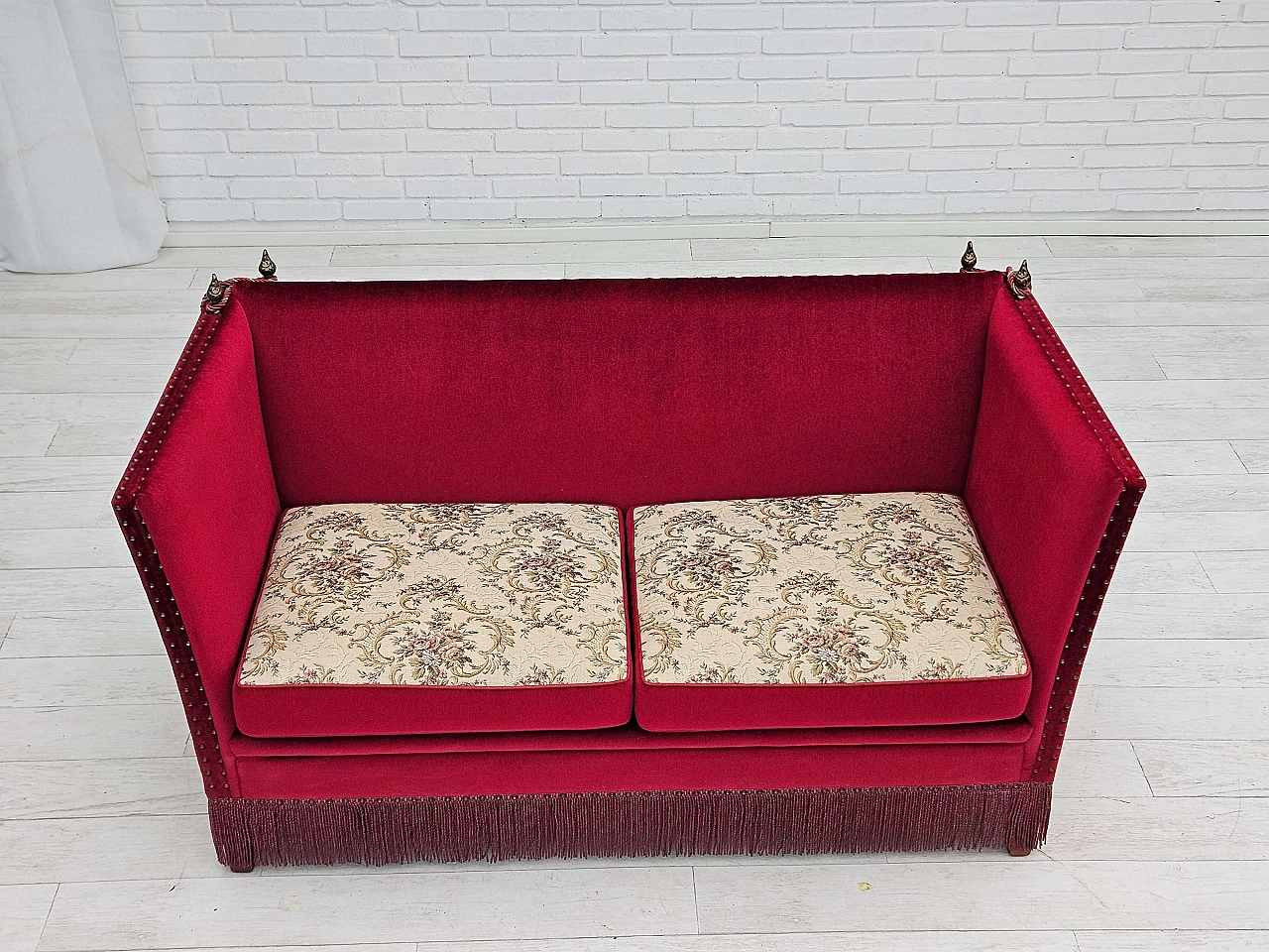 Danish two-seater sofa in cherry red velvet, 1960s 4
