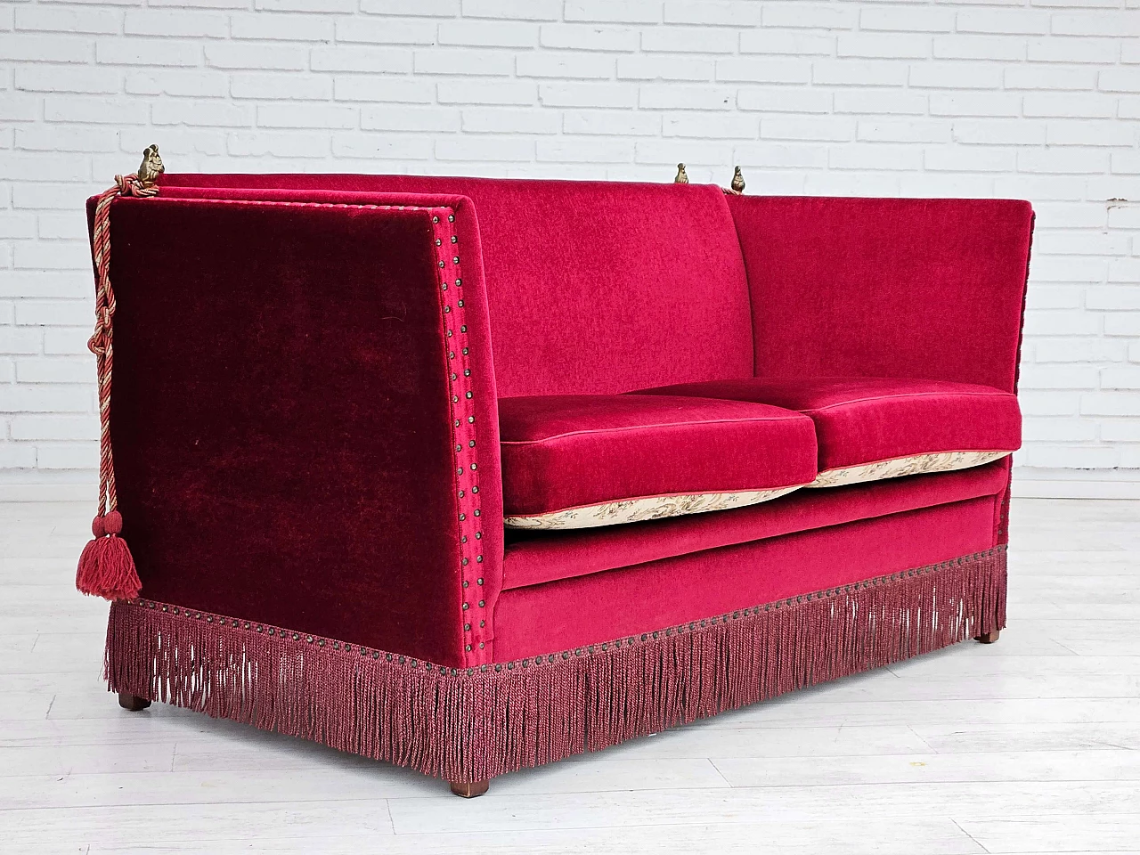 Danish two-seater sofa in cherry red velvet, 1960s 8