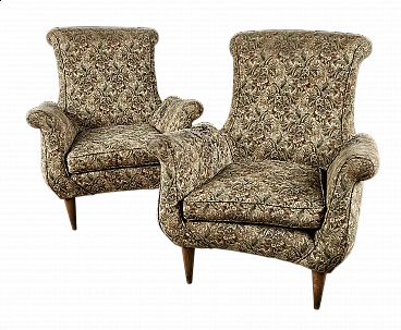 Pair of wood and floral fabric armchairs, 1970s