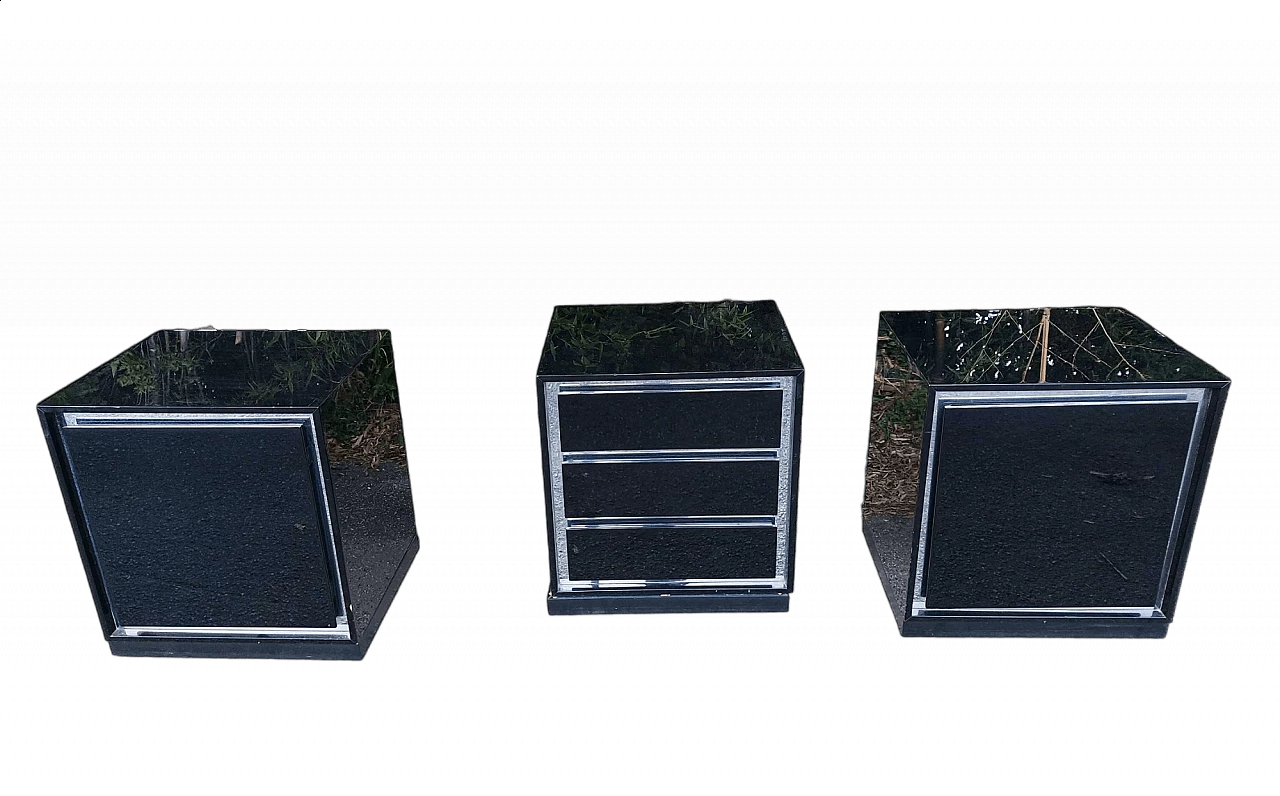 3 Comodini in legno nero lucido e metallo cromato di Gavina, anni '70 7