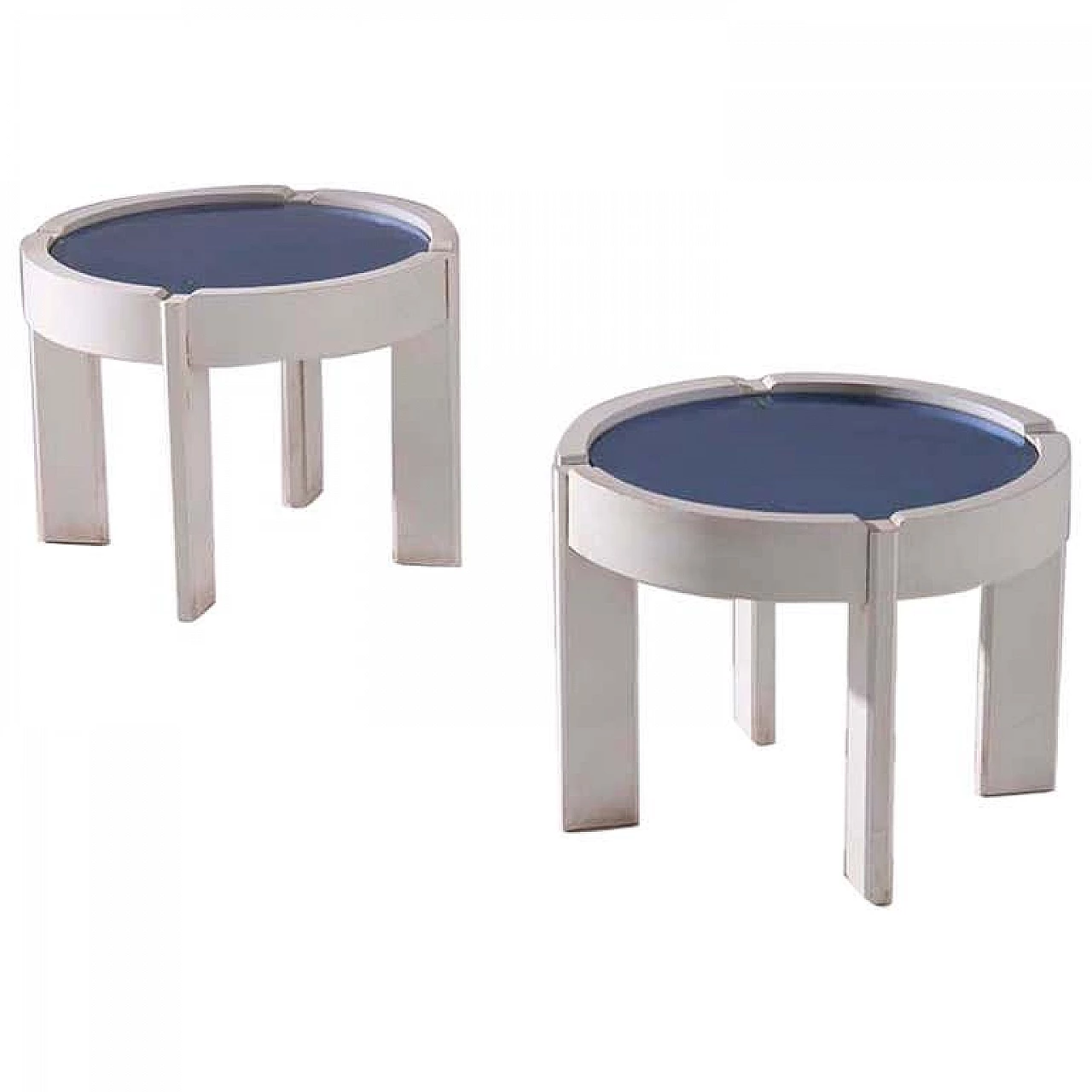 Pair of coffee tables in wood and blue glass, 1970s 1