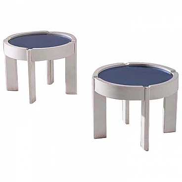 Pair of coffee tables in wood and blue glass, 1970s