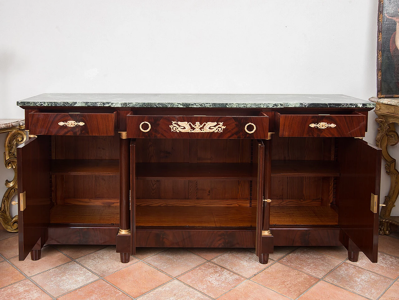 Empire style mahogany feather and Verde Alpi marble sideboard, early 20th century 5