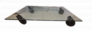 Glass coffee table with casters by Gae Aulenti for Fontana Arte, 1980s
