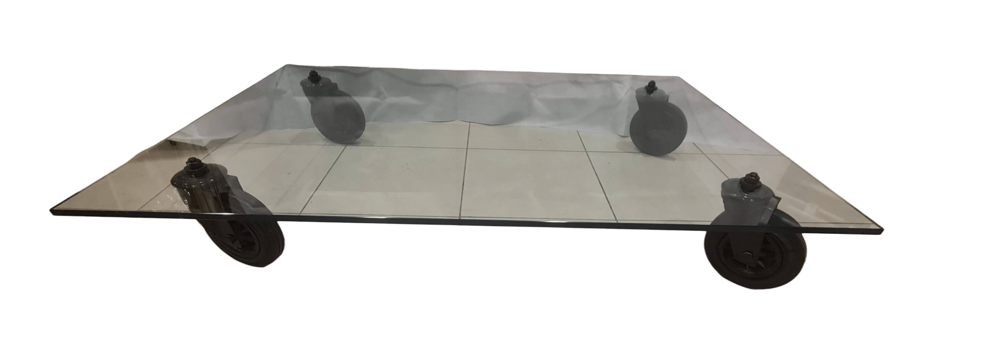 Glass coffee table with casters by Gae Aulenti for Fontana Arte, 1980s
