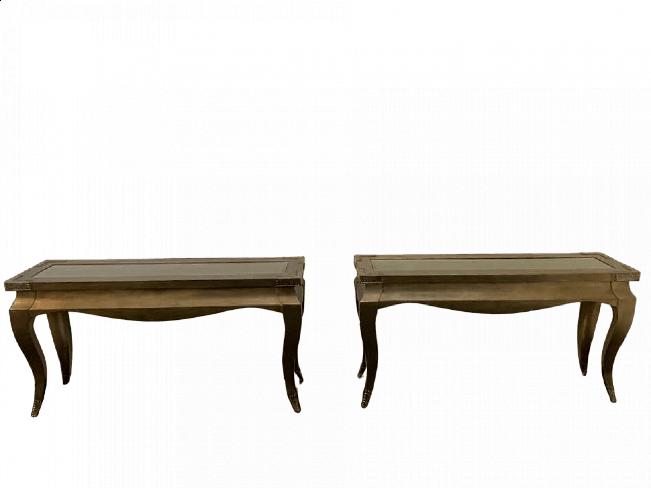 Coppia di consolle in legno, vetro e metallo, anni '80 11