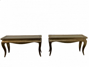 Pair of wood, glass and metal consoles, 1980s