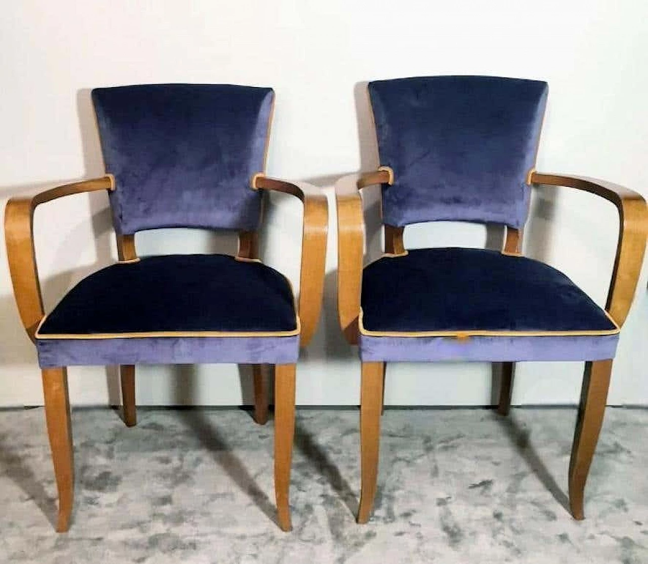 Pair of Bridge chairs in oak and velvet, 1930s 1