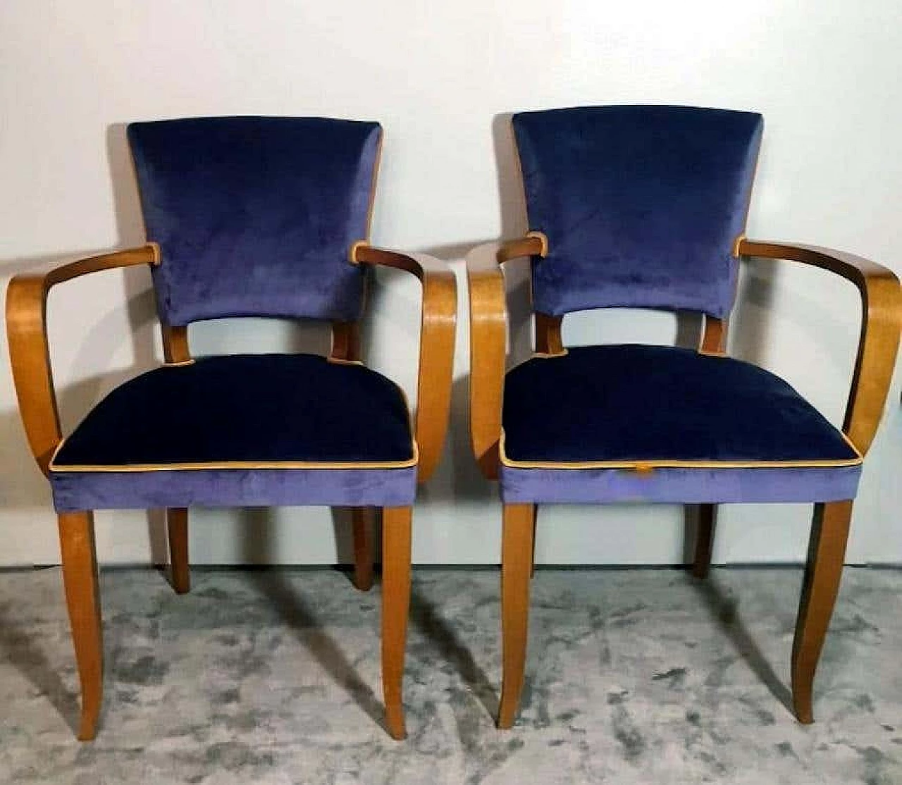 Pair of Bridge chairs in oak and velvet, 1930s 2