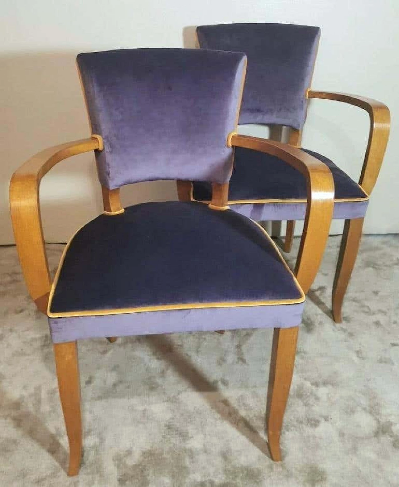 Pair of Bridge chairs in oak and velvet, 1930s 3