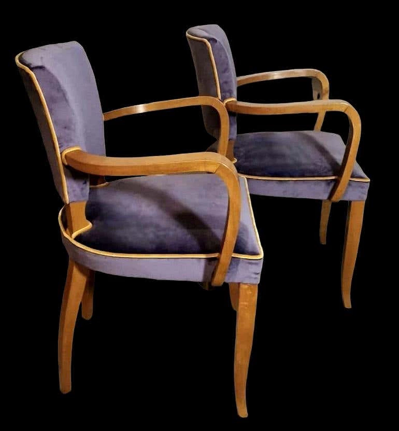 Pair of Bridge chairs in oak and velvet, 1930s 4