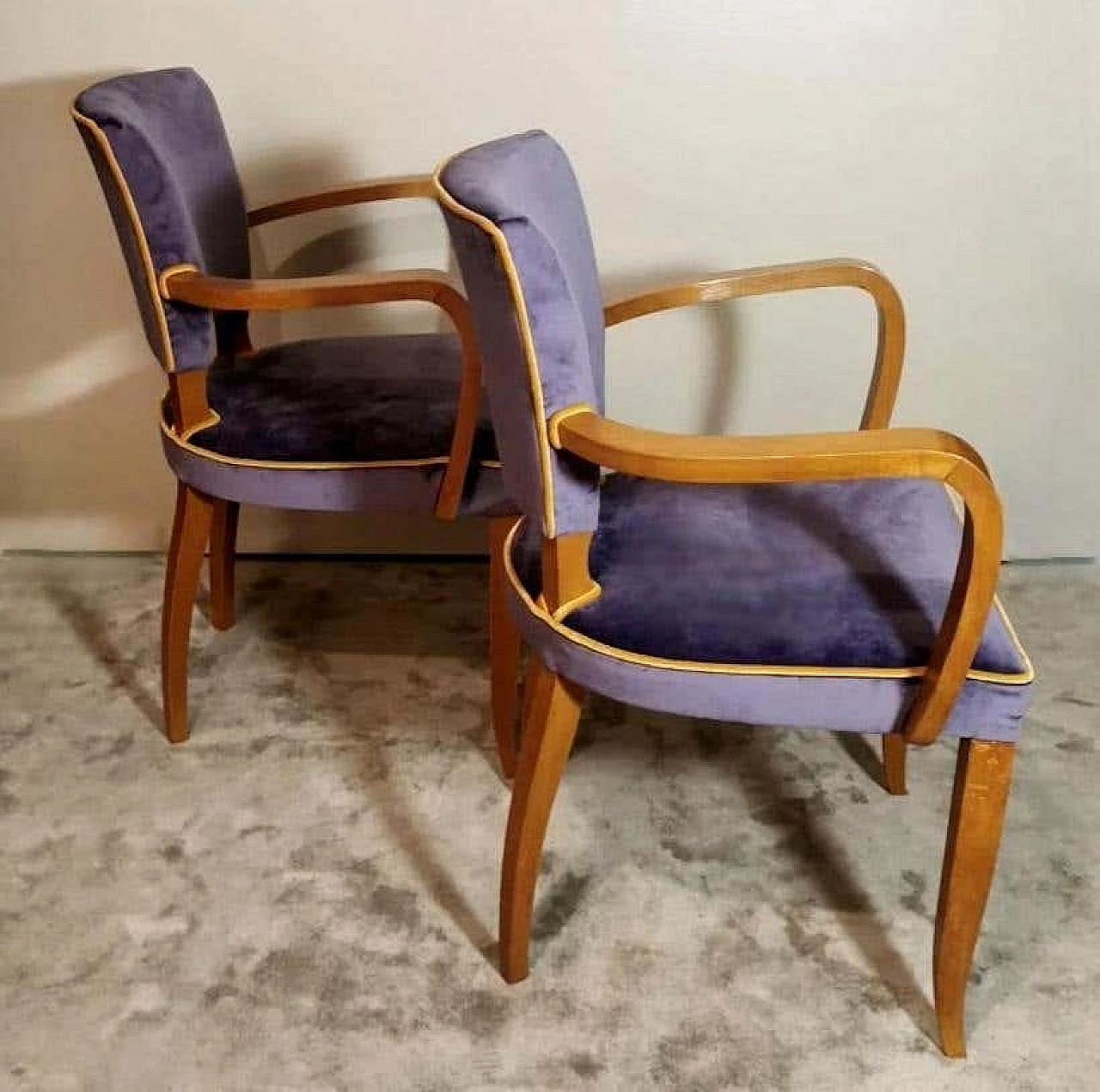 Pair of Bridge chairs in oak and velvet, 1930s 5