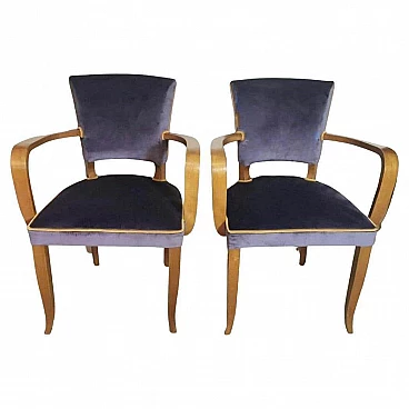 Pair of Bridge chairs in oak and velvet, 1930s