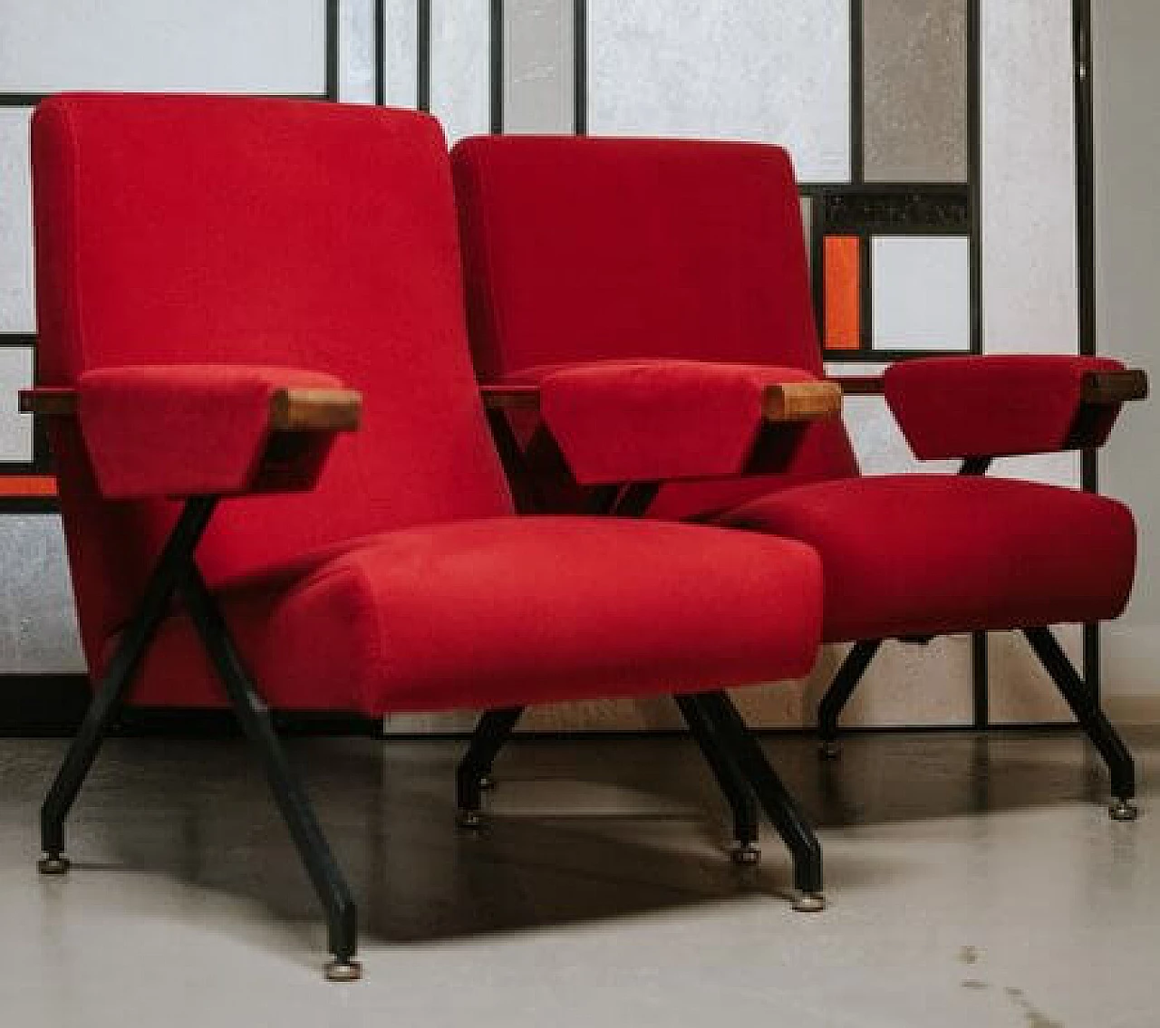 Pair of Alcantara, wood and metal reclining armchairs, 1960s 1