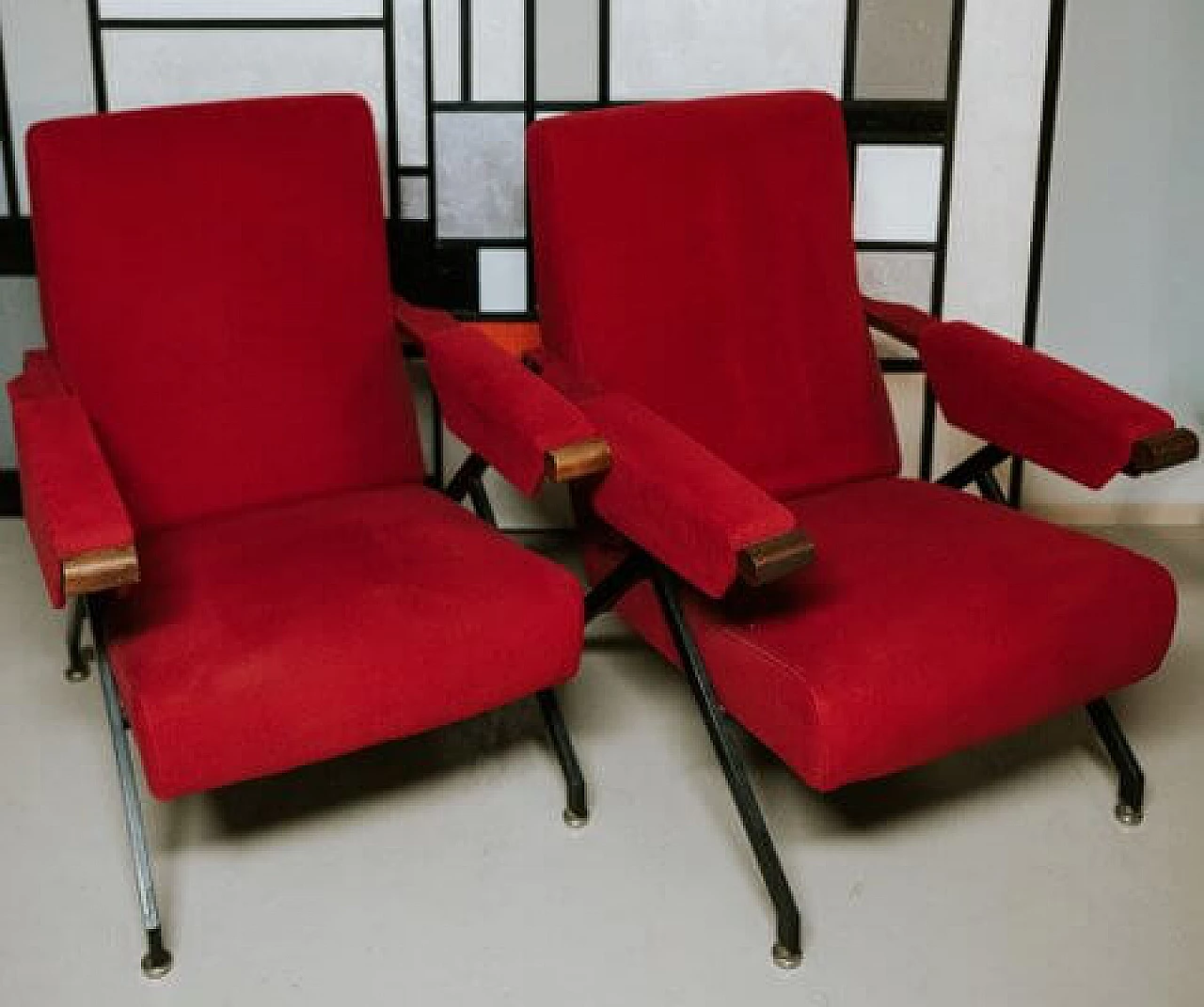 Pair of Alcantara, wood and metal reclining armchairs, 1960s 2